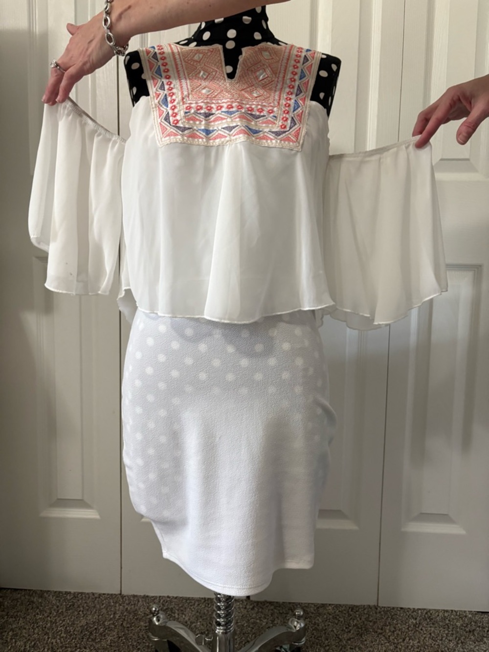 White Off-Shoulder Embroidered Yoke Blouse
